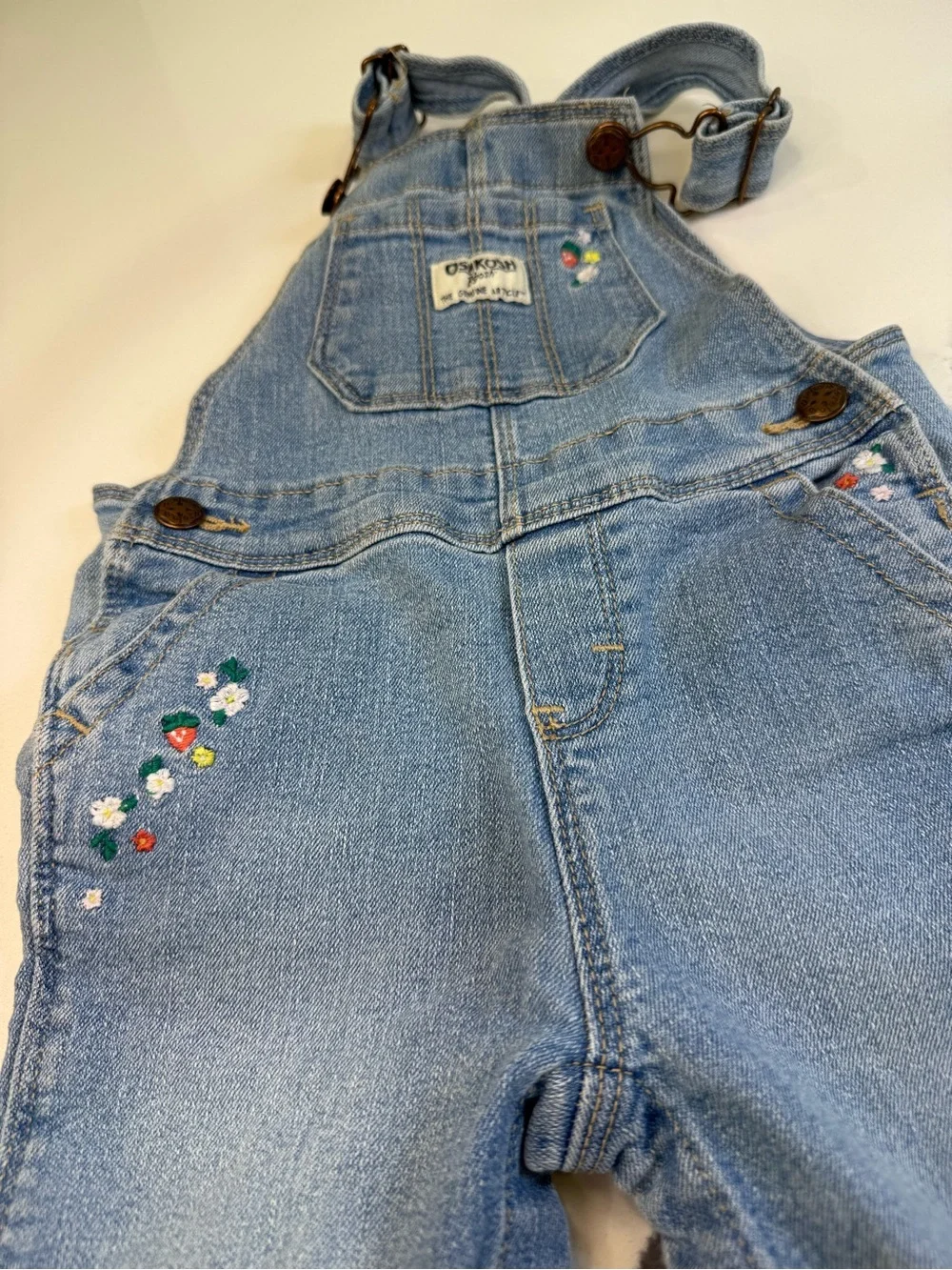 OshKosh B'gosh Denim Bib Overall Girls 18M Blue With Flowers